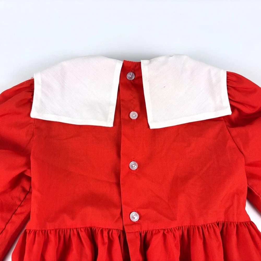 VTG Polly Flinders Embroidered Smocked Dress Sz 6 Red White School‎ Bus Charms